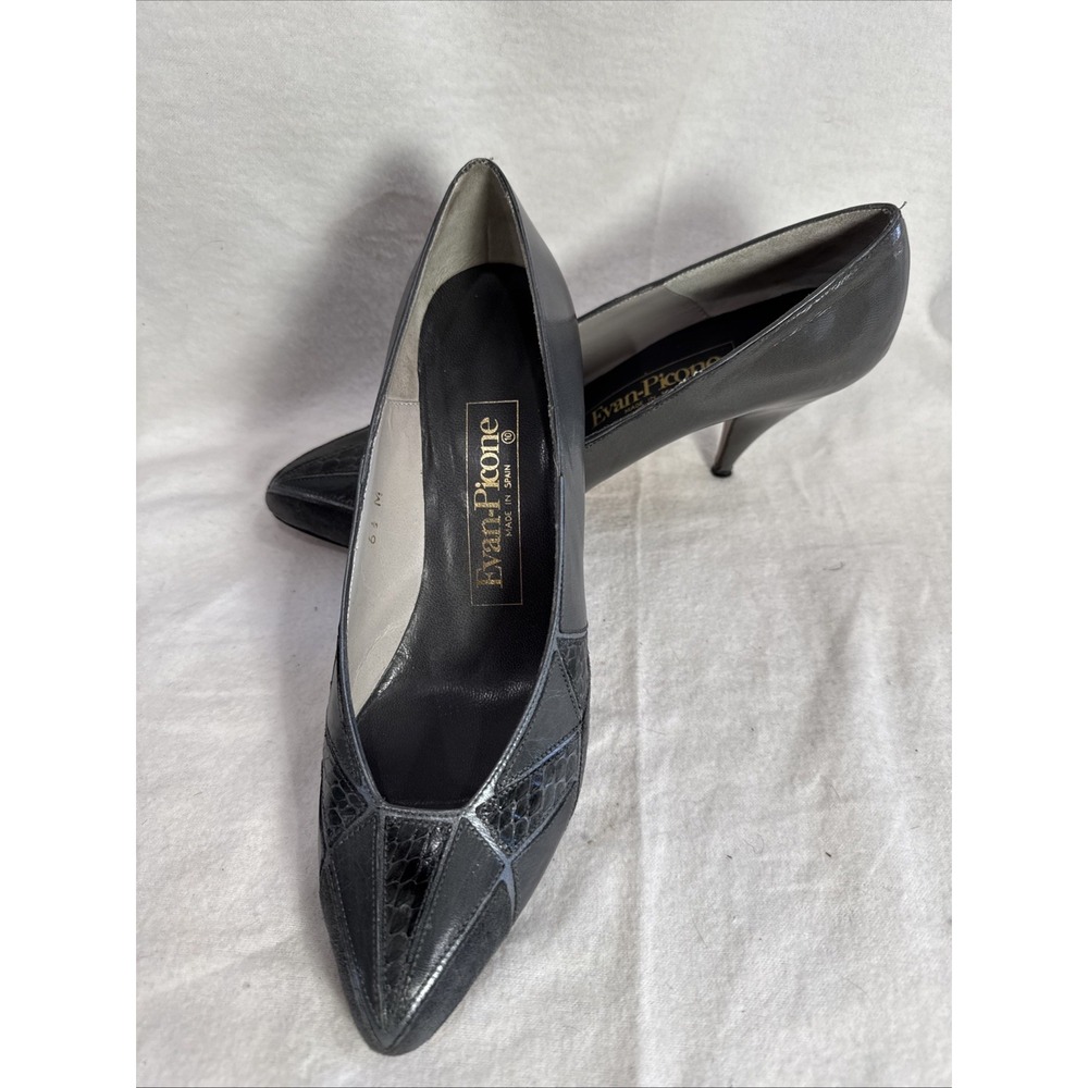 Vintage EVAN-PICONE Pumps Heels Sz 6.5 M Gray Reptile Leather SPAIN Office Core